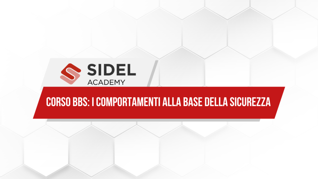 Grafica promozionale di Sidel Academy su sfondo bianco con pattern geometrico a esagoni grigio chiaro. Nella parte centrale a sinistra è presente il logo