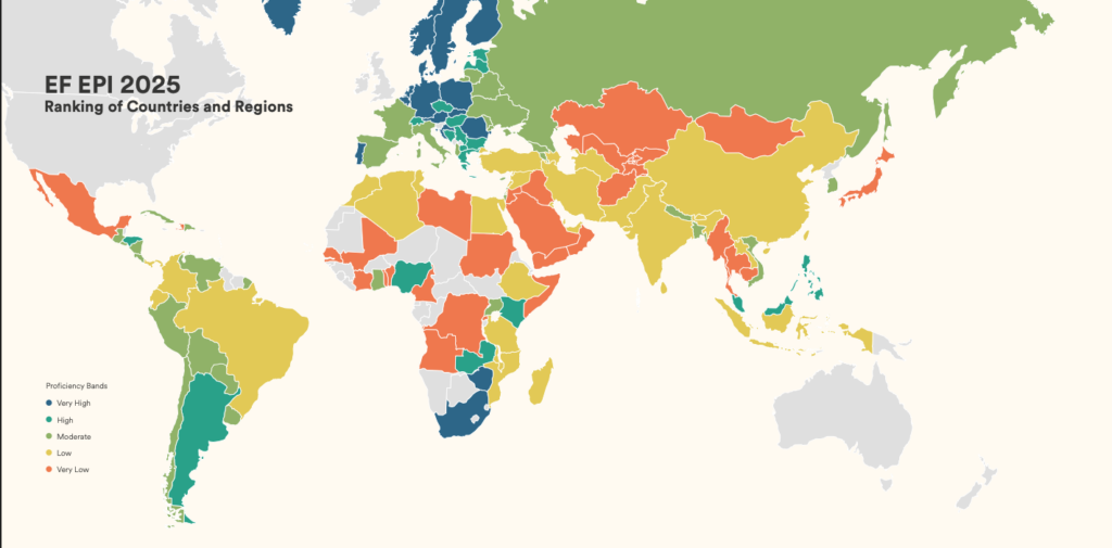 Mappa che segna i livelli di proficiency dell'inglese in tutto il mondo per comprendere come la formazione linguistica aziendale può impattare sul busieness